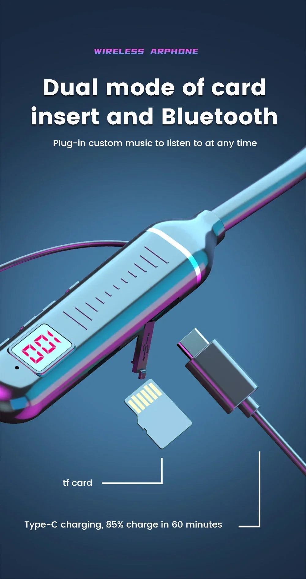 KEBIDUMEI Bluetooth 5.2 Neckband Earphones | ANC, LED Display & TF Card