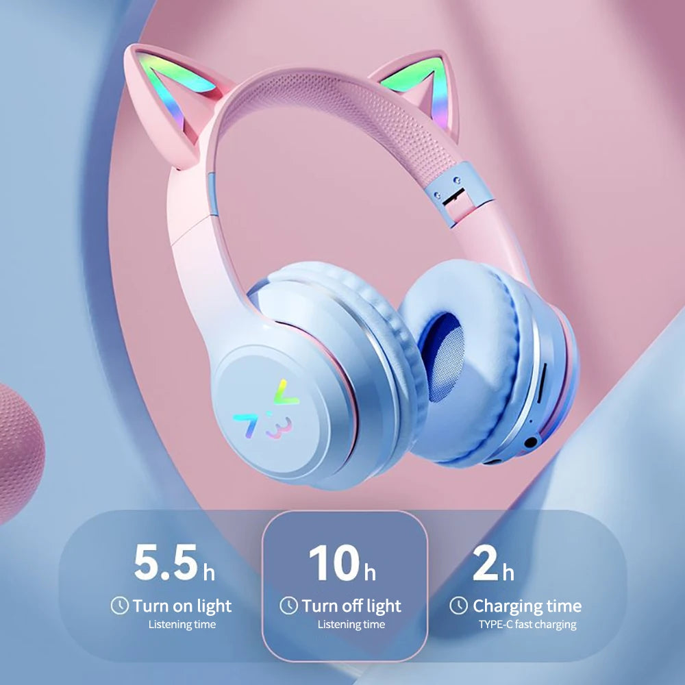 RGB Cat Ear Bluetooth 5.1 Headphones | LED Light, ANC & 10H Battery