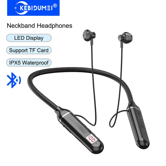 KEBIDUMEI Bluetooth 5.2 Neckband Earphones | ANC, LED Display & TF Card