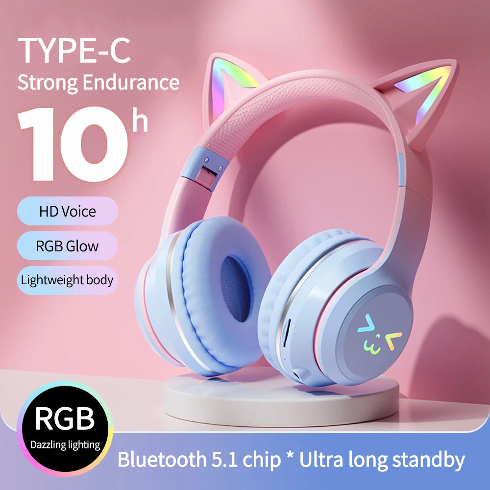 RGB Cat Ear Bluetooth 5.1 Headphones | LED Light, ANC & 10H Battery