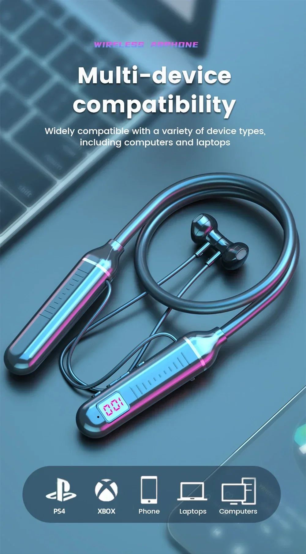 KEBIDUMEI Bluetooth 5.2 Neckband Earphones | ANC, LED Display & TF Card