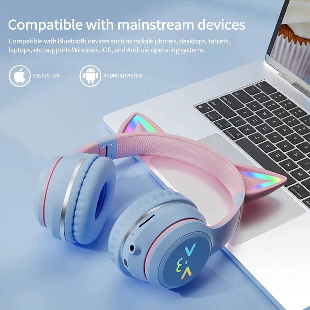 RGB Cat Ear Bluetooth 5.1 Headphones | LED Light, ANC & 10H Battery