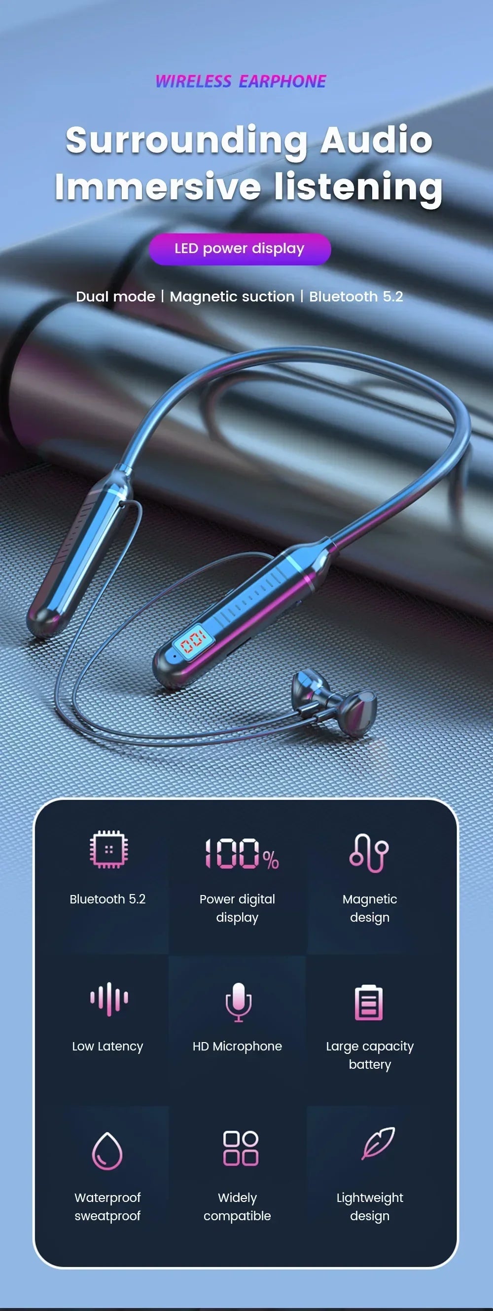 KEBIDUMEI Bluetooth 5.2 Neckband Earphones | ANC, LED Display & TF Card
